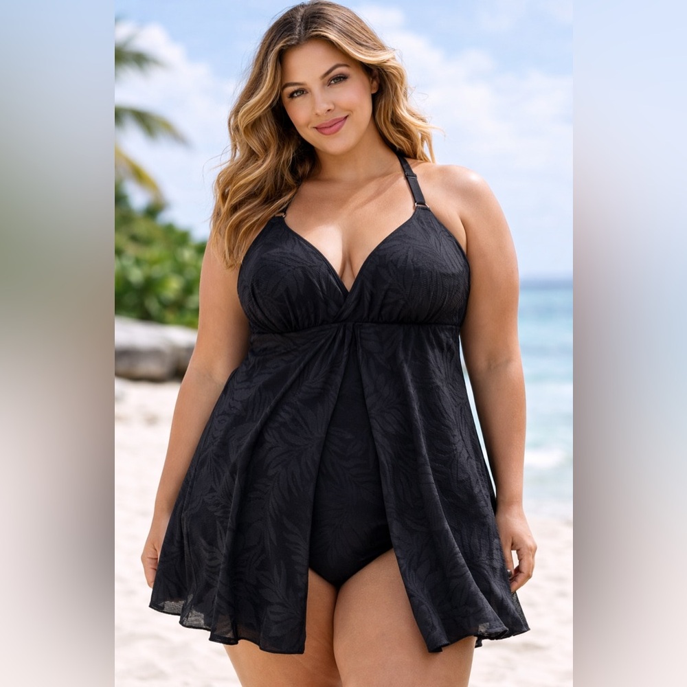 Swim Solutions Flyaway Swimdress Black Textured One Piece Plus‎ Size 18W NWT